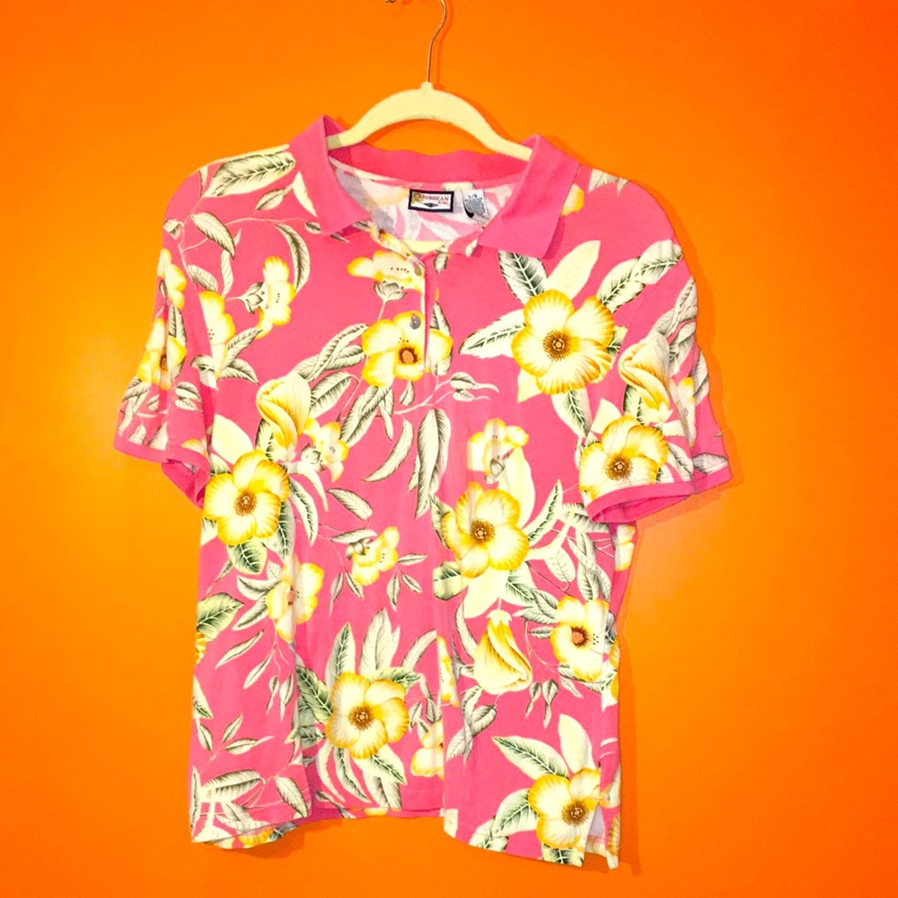 Caribbean Joe Tropical Floral Polo Style Golf Shirt Pink/Yellow/Tan Size Large